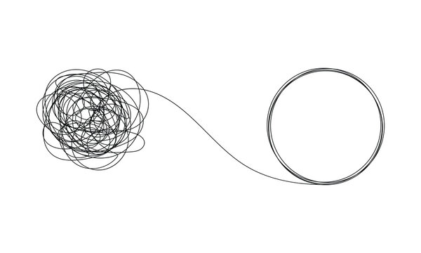 Chaos and order abstract minimalist vector illustration. Concept of a complex disorganized problem represented by a tangled continuous black line that needs unraveling . Vector Illustration . EPS 0 .