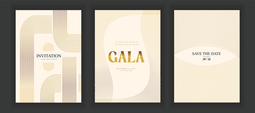 Luxury invitation card background vector set. Golden curve elegant, gold lines gradient on light color background. VIP illustration for gala card, grand opening, party invitation, wedding.