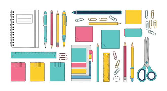A colorful illustration of various school supplies