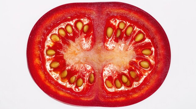 Cinematic macro cross-section of an heirloom tomato, showcasing a radial starburst pattern of seed chambers filled with golden-yellow gel, isolated on a black background.
