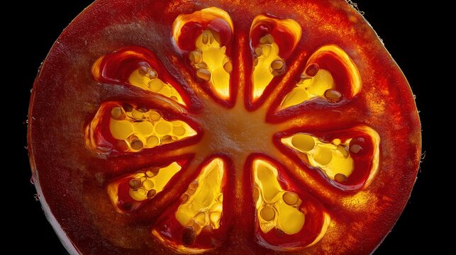 Cinematic macro cross-section of an heirloom tomato, showcasing a radial starburst pattern of seed chambers filled with golden-yellow gel, isolated on a black background.