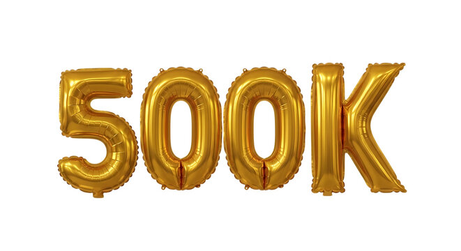 Golden '500k' foil balloons isolated on transparent background