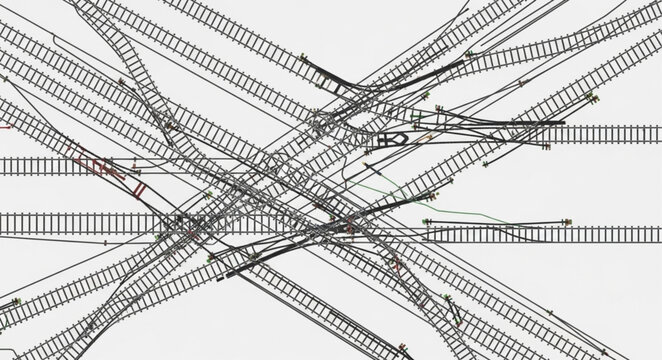 Complex railway tracks intersection abstract pattern.