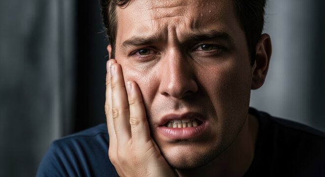 A distressed adult man, experiencing intense oral discomfort, severe dental pain, suffering from a debilitating toothache, medical emergency, health problem, seeking urgent relief