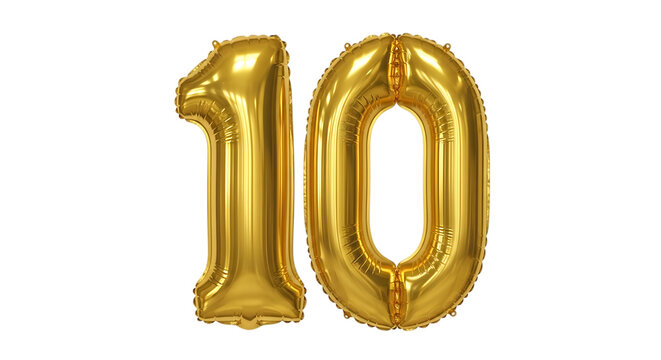 Golden number 10 balloon isolated on transparent background