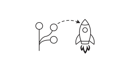 GitOps and DevOps Concept Vector Icon with Editable Stroke: Minimalist Black Line Illustration of a Git Branch Symbol Launching a Rocket Ship for Continuous Deployment and Software Automation. © MDABUOBAIDA