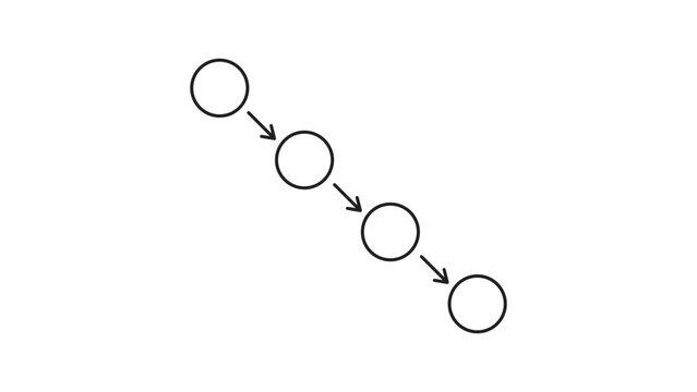 Sequential Workflow and Process Flow Diagram Icon; Minimalist Black Line Art of Cascading Circles and Arrows Illustrating a Trigger-Based Event Sequence for Technical Infographics.