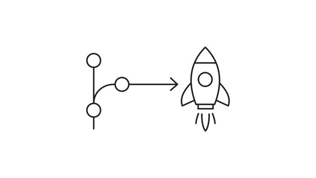 GitOps Concept with Git Branch and Rocket Launching, Minimalist Black Line Vector Icon for Software Deployment and CI/CD Pipeline, Editable Stroke, Scalable Outline Illustration on White Background.