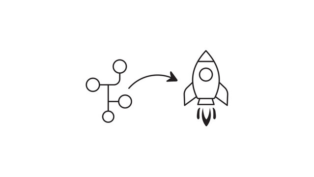 GitOps Concept Vector Icon with Editable Stroke: A Minimalist Black Line Illustration of a Git Branch Controlling a Rocket Launch, Representing Automated Deployment and CI/CD Workflow.