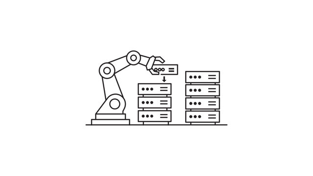Infrastructure Automation Vector Icon with Editable Stroke. Minimalist black line illustration of a robotic arm assembling server racks, representing cloud computing, DevOps, and AI technology.
