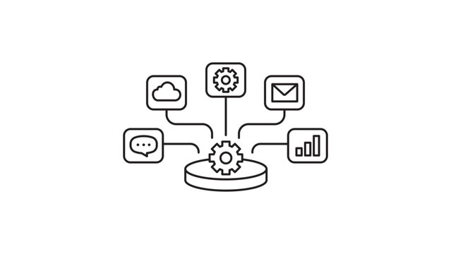 Integration Platform and System Automation Editable Stroke Vector Icon. Minimalist black line illustration showing a central gear connected to cloud, email, chat, and data analytics icons on white.