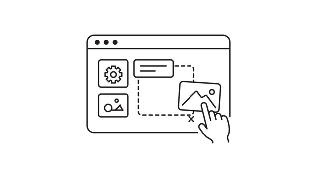 Drag and Drop Website Builder Interface Vector Icon with Editable Stroke, Minimalist Line Illustration of Hand Moving Image Block in Browser Window for Low Code Development and UI Design.