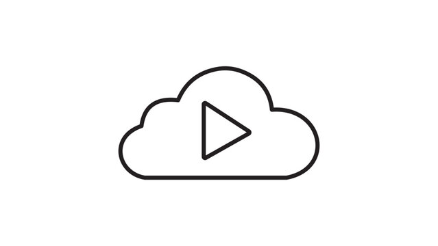 Media Cloud Editable Stroke Vector Icon. Minimalist black line illustration of a cloud with a play button symbol on white background, ideal for streaming, video hosting, and digital storage.