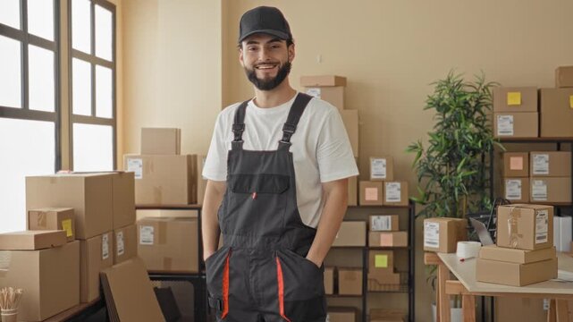 Man wearing cap and overalls hands in pockets next to stacked parcels and boxes in building; reliability.