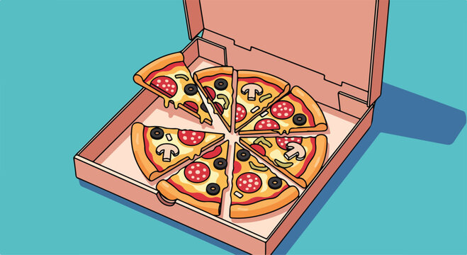 A cartoon-style illustration of a pizza cut into slices in a box