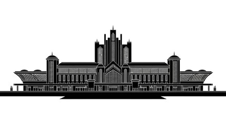 Fototapeta premium Black and white silhouette of a grand historic railway station