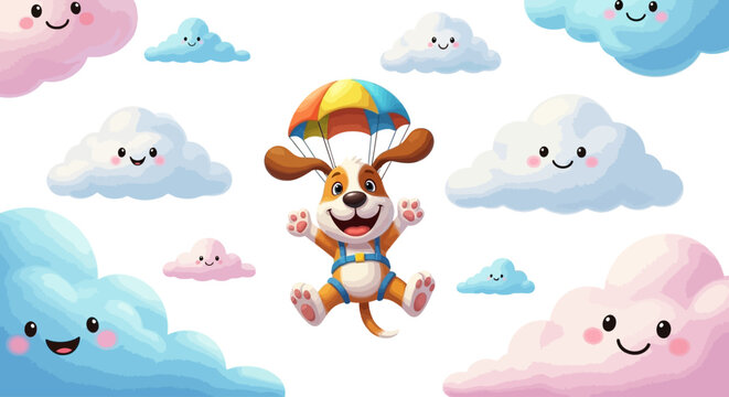 Cute cartoon dog skydiving with a parachute among smiling clouds.