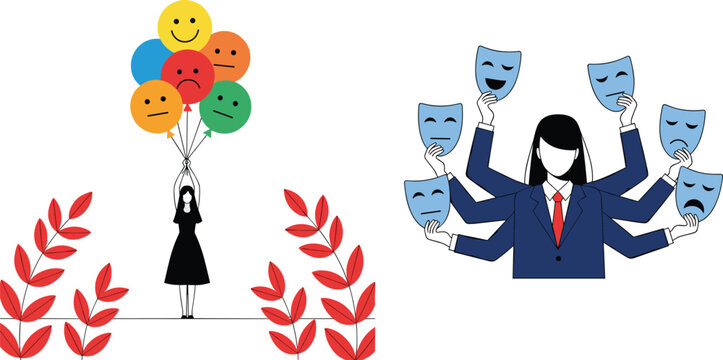 Flat Style Woman Holding Emotion Balloons and Businesswoman Wearing Multiple Masks Mental Health Concept Vector Illustration Set