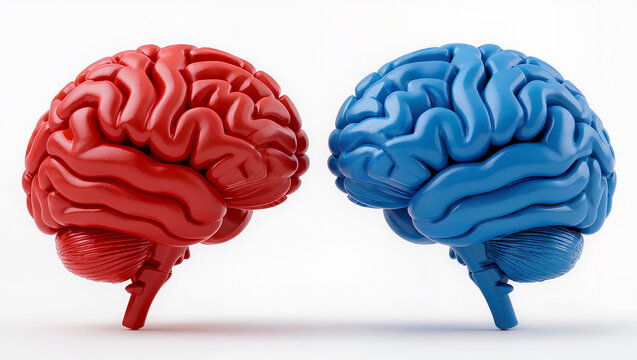 A blue and red color of brain 3D is on the white background , isolate image.
