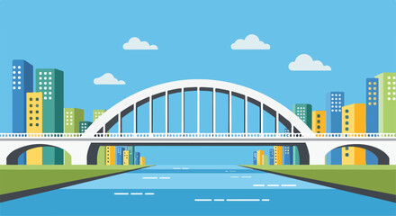 A white bridge over a river with city buildings © Tiun