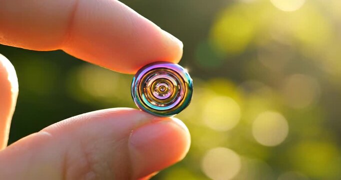 Hand holding small colorful glass marble.