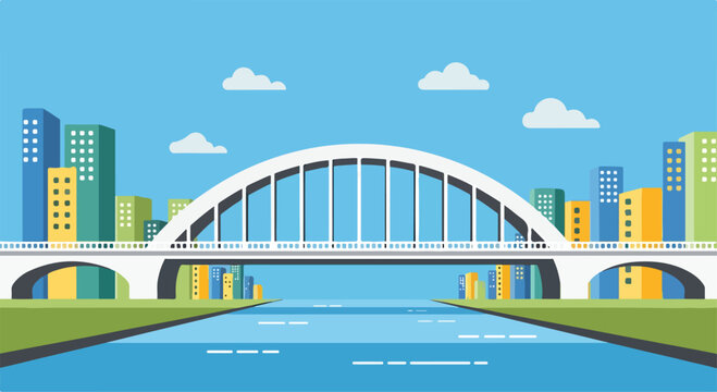 A white bridge over a river with city buildings