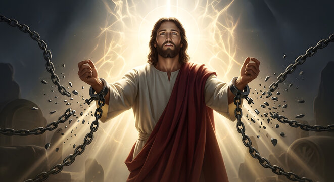 Radiant Christ Liberates Jesus breaks free from earthly bonds, bathed in divine light, symbolizing ultimate spiritual triumph, freedom, and hope for mankind