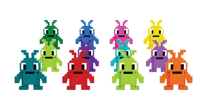 A vibrant vector illustration featuring a colorful collection of pixelated alien characters arranged in rows