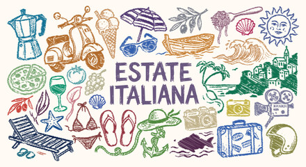 Scribble Hand drawn colorful Italian summer travel doodle icon set. Vespa scooter, pizza, pasta, gelato, wine, gondola. For tourism brochure, cultural Mediterranean flyer. Vector graphic art. © MH HASIB
