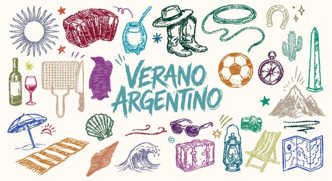 Scribble doodle colorful Argentine summer travel icon set. Mate cup, steak, football, penguin, cowboy boots, lasso, mountains. For South American holiday poster. Vector graphic.
