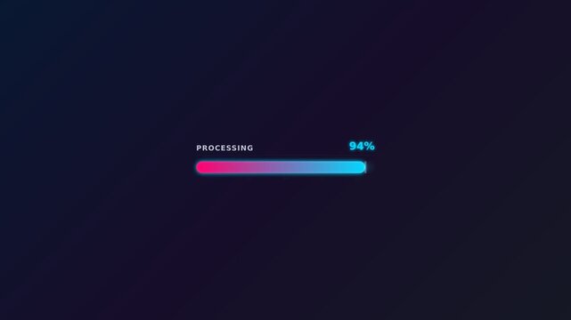 Neon loading bar animation with completion status