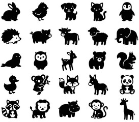 Obraz premium Collection of Silhouette Animals Icons, Including Farm, Forest, and Zoo Creatures