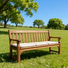 Fototapeta premium Wooden garden bench on green grass lawn