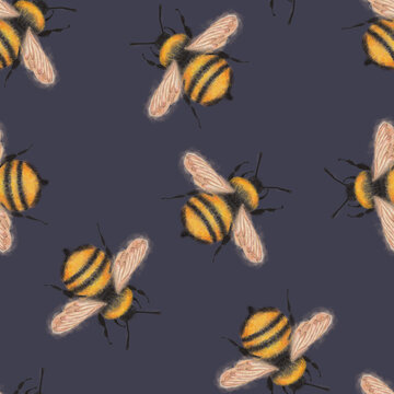 Seamless pattern with hand-drawn bees isolated on dark purple background. Artistic illustration of insects for textile design, wallpaper motif, fabric print, stationery, craft project.