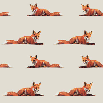 Seamless geometric fox pattern in low poly style. Minimalist wildlife vector background with clean shapes. Ideal for textile, wallpaper and decorative design