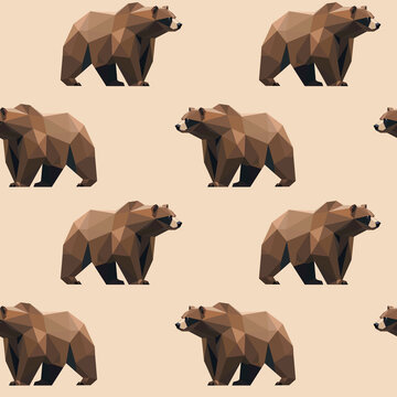 Seamless geometric bear pattern in low poly style. Minimalist wildlife vector background with clean shapes. Ideal for fabric, wallpaper, wrapping paper and decorative design