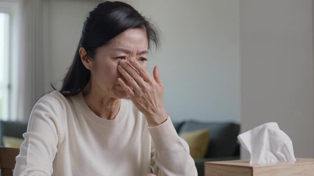 Sad senior woman grieving and wiping eyes with tissue at home