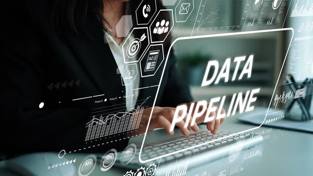 Professional working on data pipeline management with futuristic digital interface and business graphs on display. Asymptotic smart data analytic.