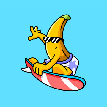 Cool Banana Surfing Cartoon Illustration, Funny Fruit Summer Mascot Character Design
