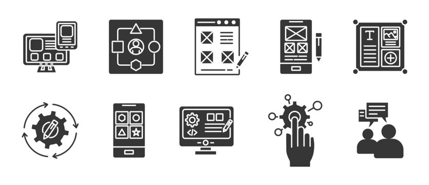 UI / UX  icon glyph icon set collection. Icon pack contain User interface, User experience, Wireframe, Prototype, Layout, Design system, Mobile app, Web design, Usability testing, Interaction