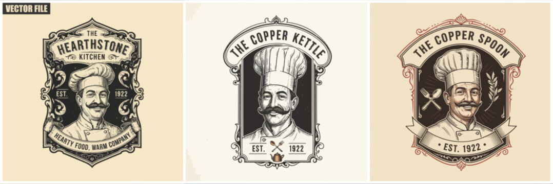 Vintage chef logo designs with copper kettle.