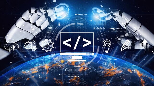 Modern web development concept featuring coding symbols, web development process, web development interface, and web development tools with futuristic design. Muxer