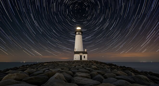 Galactic Sentinel: Weathered Lighthouse and Meteor Trails