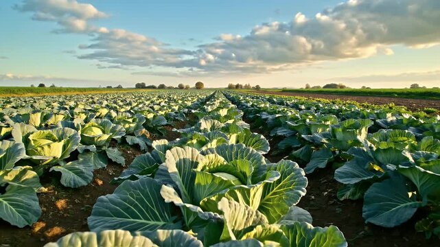 Cabbage Field at Sunset - A Bountiful Harvest.