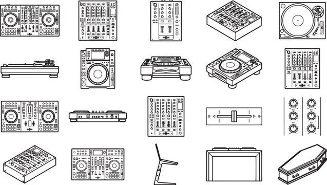 A collection of isolated music equipment for disc jockey, representing a detailed illustration of turntables, mixers, and audio controllers, offering a resource for musical projects.
