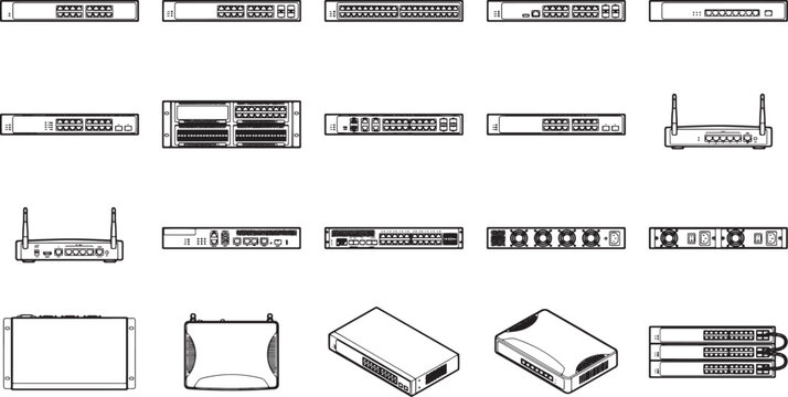 A graphic compilation showcasing modern network routers and servers, a comprehensive set for technology enthusiasts and IT professionals. 