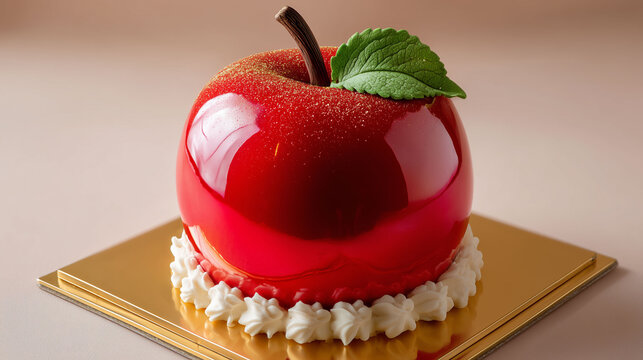 Red apple shaped mousse cake with mirror glaze on a white plate