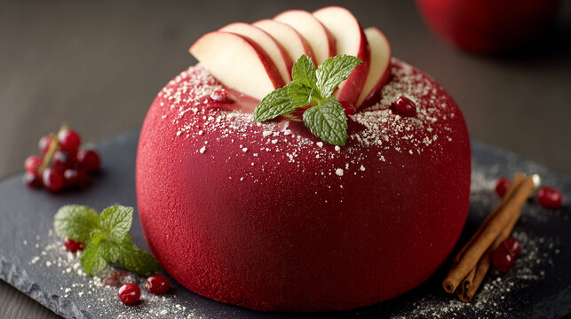 Elegant red velvet apple mousse cake