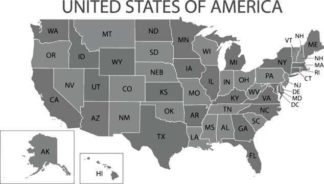 Grayscale vector map of the United States of America featuring state borders and two-letter postal abbreviations isolated on white background