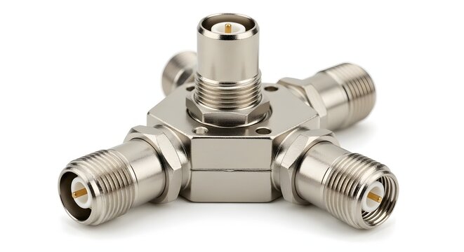 Industrial silver metal coax splitter connector with multiple ports.